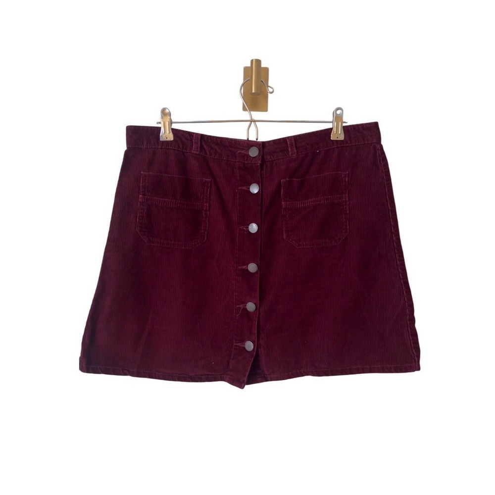 Denim Co Burgundy Corduroy Button Front Mini Skirt Wine Red Size 10 US boho chic